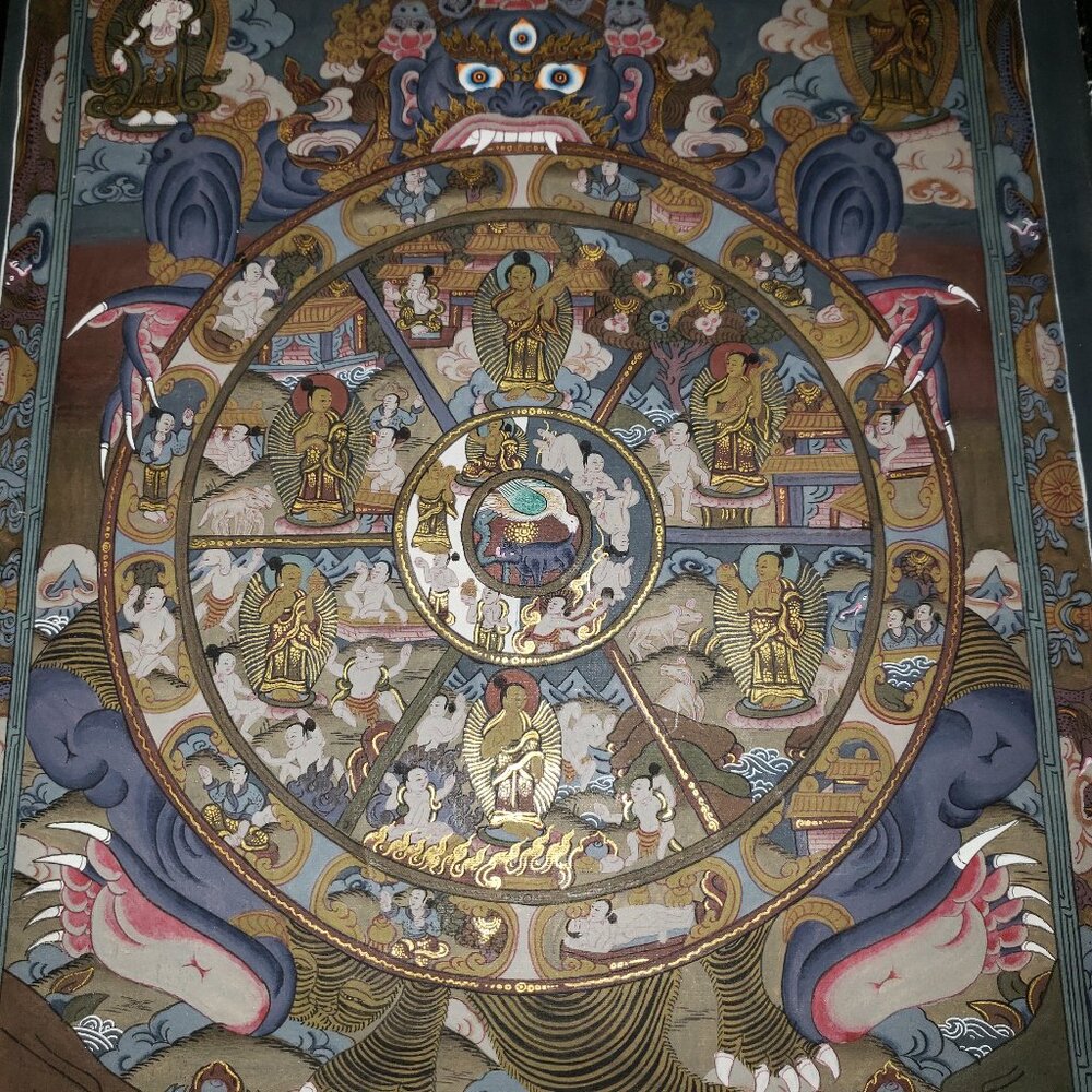 RARE UNIQUE VERY SOPHISTICATED METICULOUSLY HAND PAINTED THANGKA WHEEL OF LIFE.